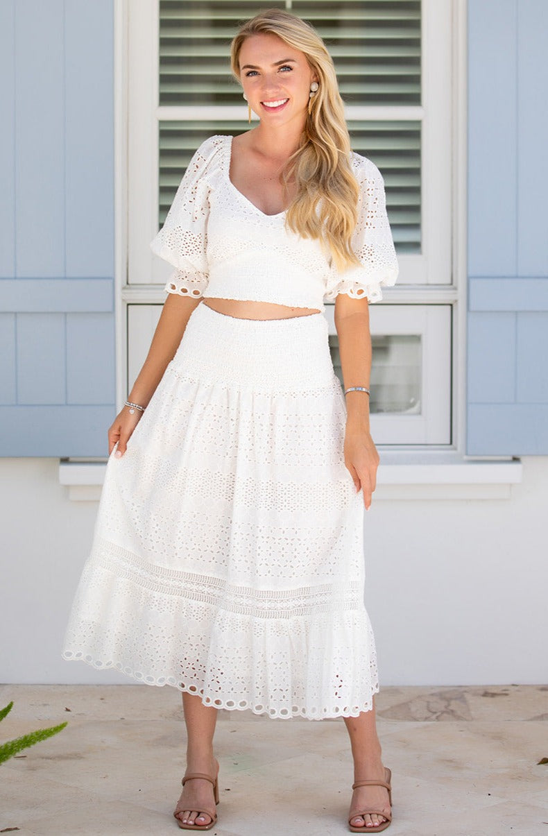 White eyelet maxi skirt and top Clearance