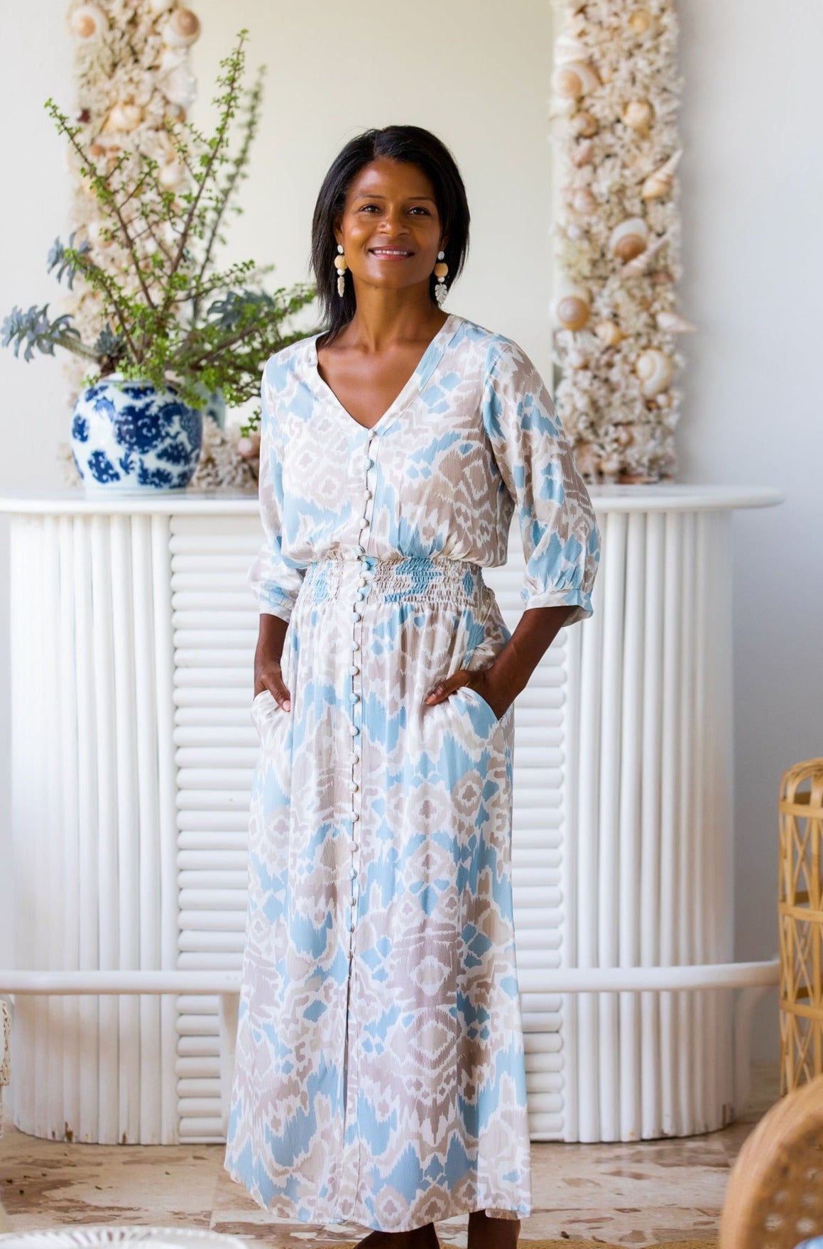 Kelsey Dress Long / Sand and Sea Ikat walker&wade Kelsey Dress Long / Sand and Sea Ikat walker&wade