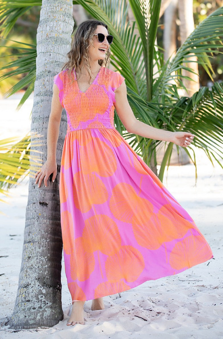 orange and magenta dress SSYS The Emery Midi Dress In Magenta Orange Swirl